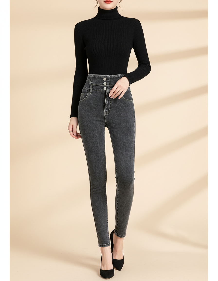 Pantalon Gris Skinny Taille Haute Boutons Femme - Jean