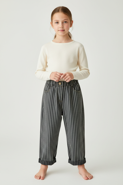 Pantalon Gris Rayé Ample Taille Élastique Enfant - Jean