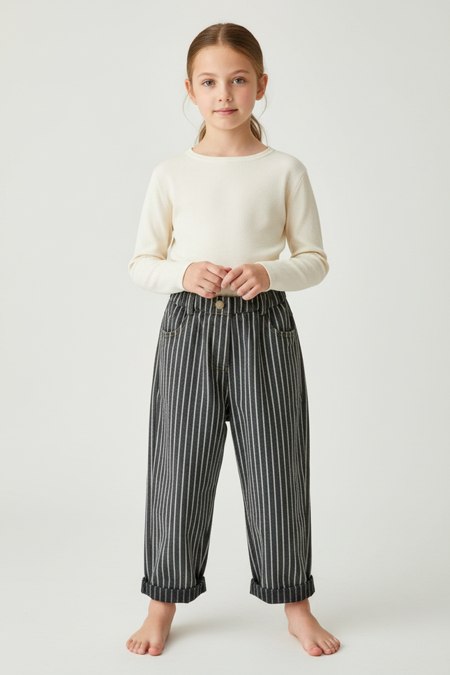 Pantalon Gris Rayé Ample Taille Élastique Enfant - Jean