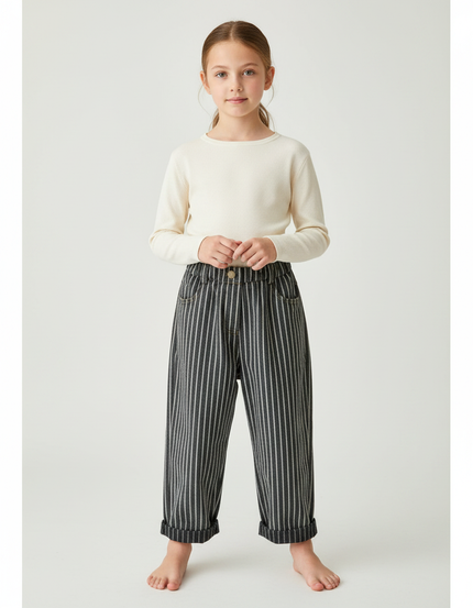 Pantalon Gris Rayé Ample Taille Élastique Enfant - Jean