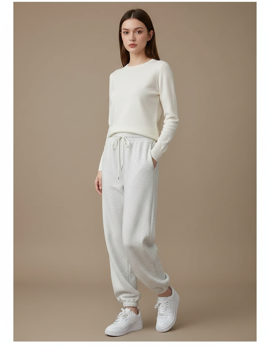 Pantalon Gris Molletonné Ample Décontracté Cordon Femme