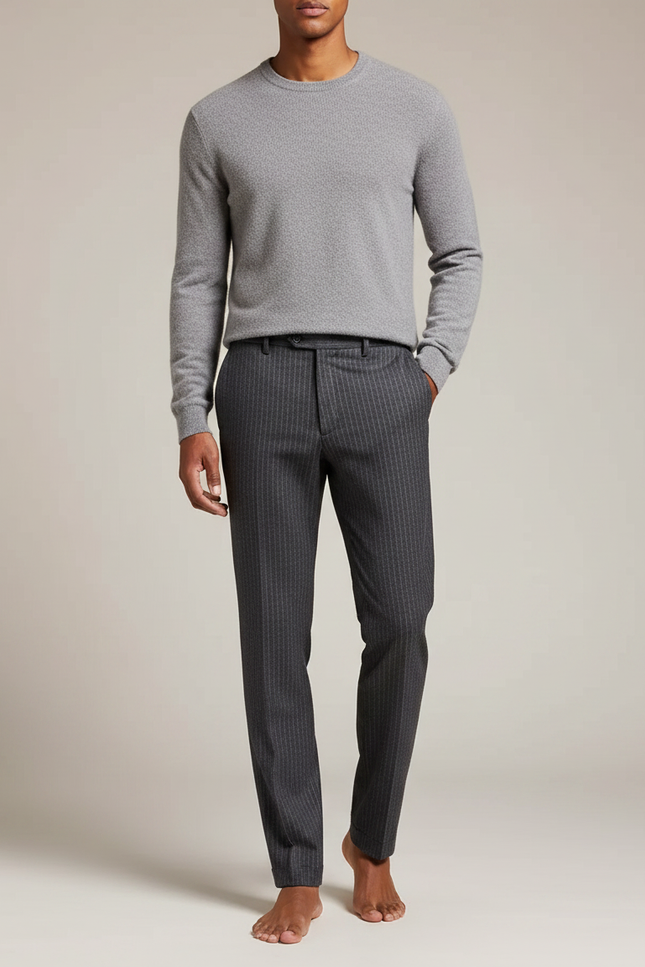 Pantalon Gris À Rayures Fines Coupe Droite Homme - Laine