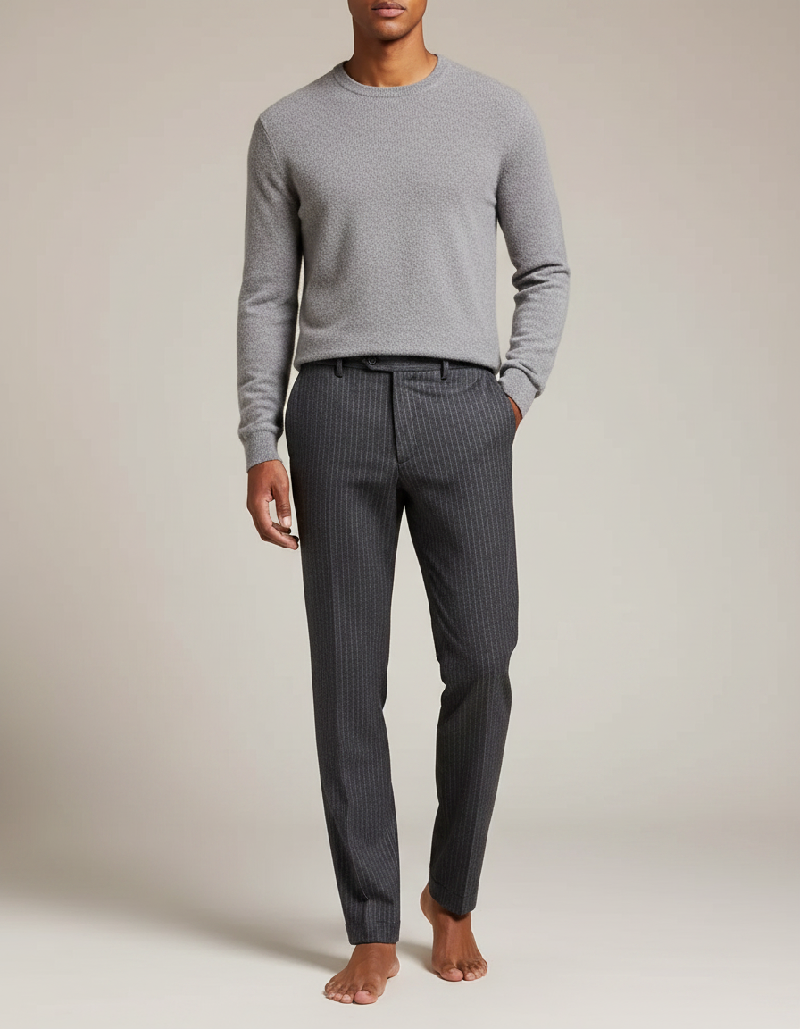 Pantalon Gris À Rayures Fines Coupe Droite Homme - Laine