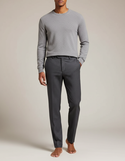 Pantalon Gris À Rayures Fines Coupe Droite Homme - Laine