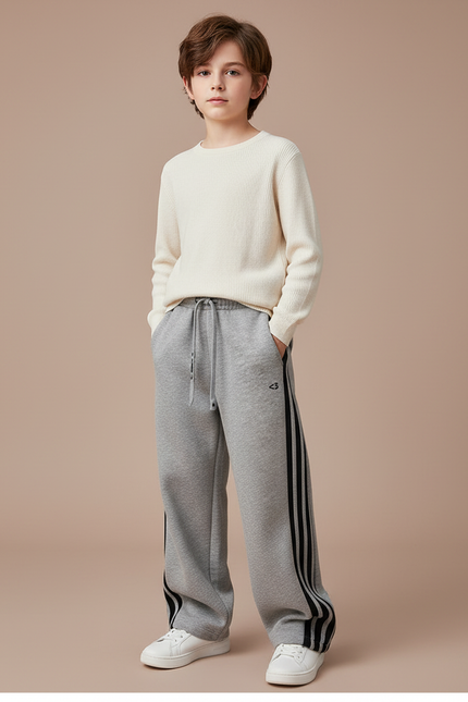 Pantalon Gris Molletonné Ample Sport Rayures Latérales