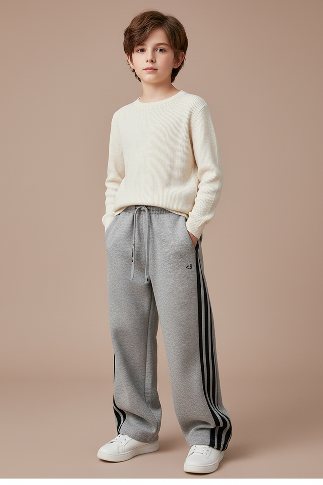 Pantalon Gris Molletonné Ample Sport Rayures Latérales