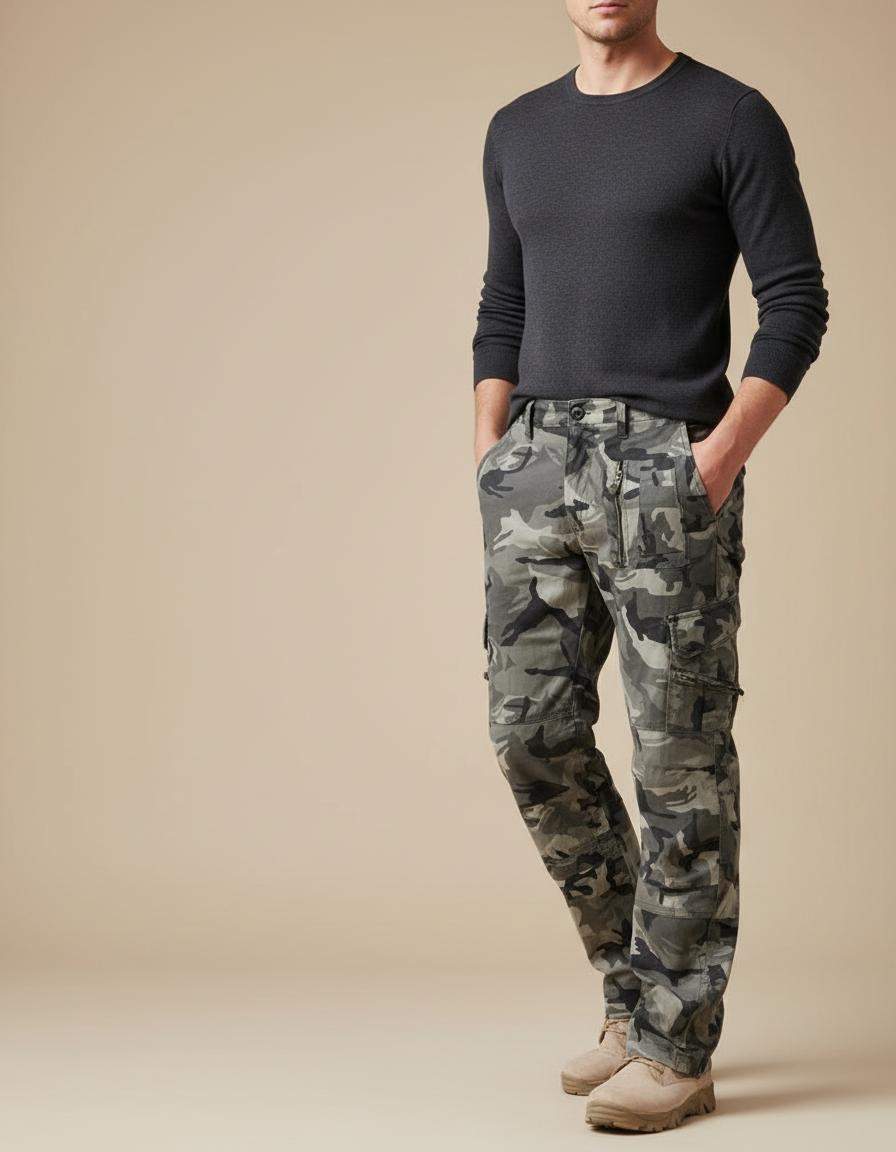 Pantalon Gris Camouflage Cargo Militaire Homme Coton