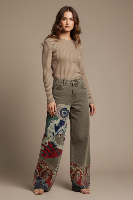 Pantalon Gris Brodé Ample Décontracté Original - Kaki Jean