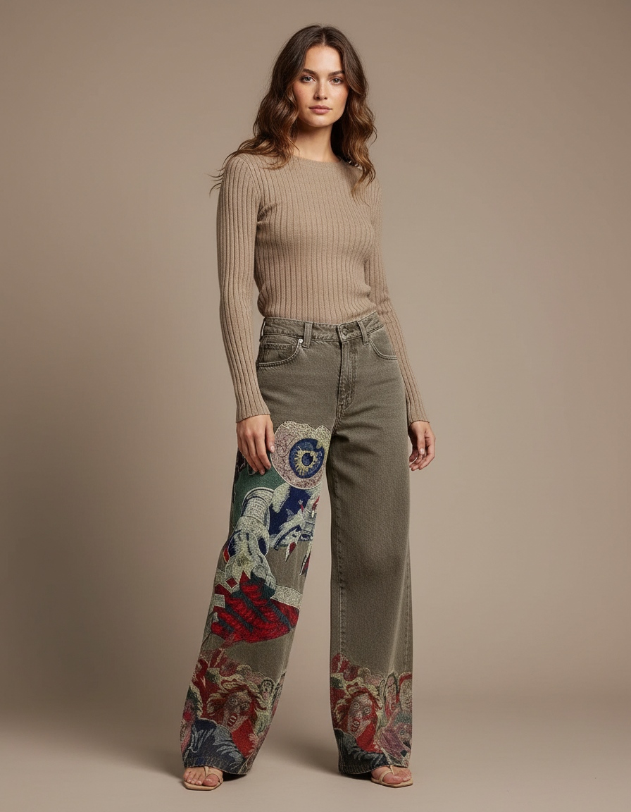 Pantalon Gris Brodé Ample Décontracté Original - Kaki Jean