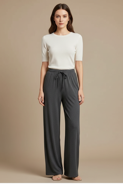 Pantalon Gris Ample Fluide Cordon Décontracté Femme - Viscose