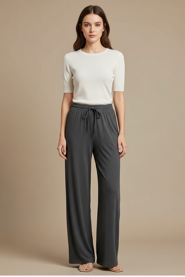 Pantalon Gris Ample Fluide Cordon Décontracté Femme - Viscose