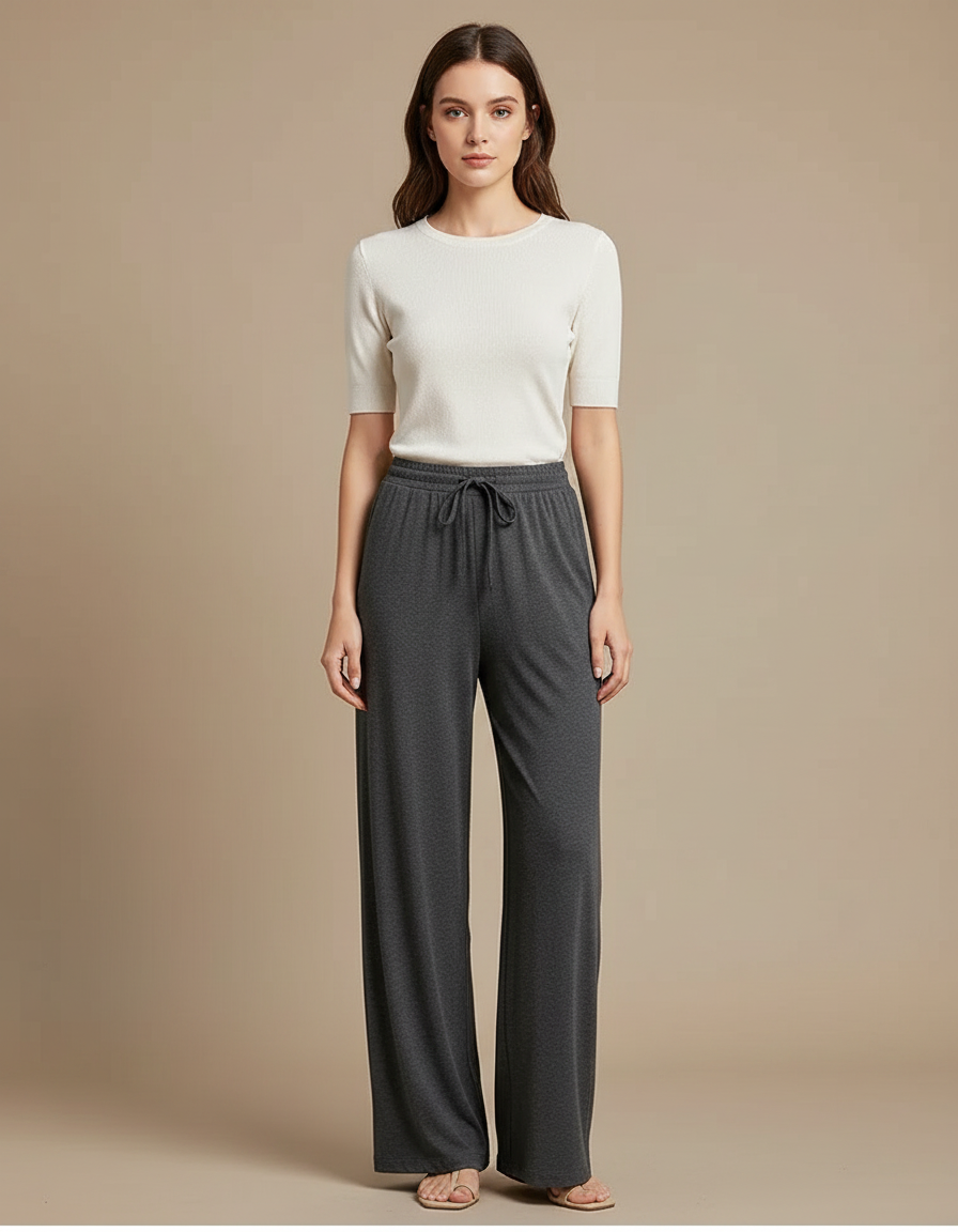 Pantalon Gris Ample Fluide Cordon Décontracté Femme - Viscose