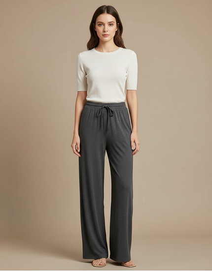 Pantalon Gris Ample Fluide Cordon Décontracté Femme - Viscose