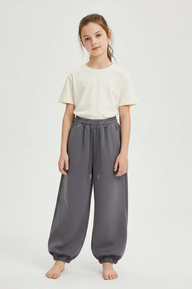 Pantalon Gris Ample Décontracté Confortable Coton Fille - Molleton