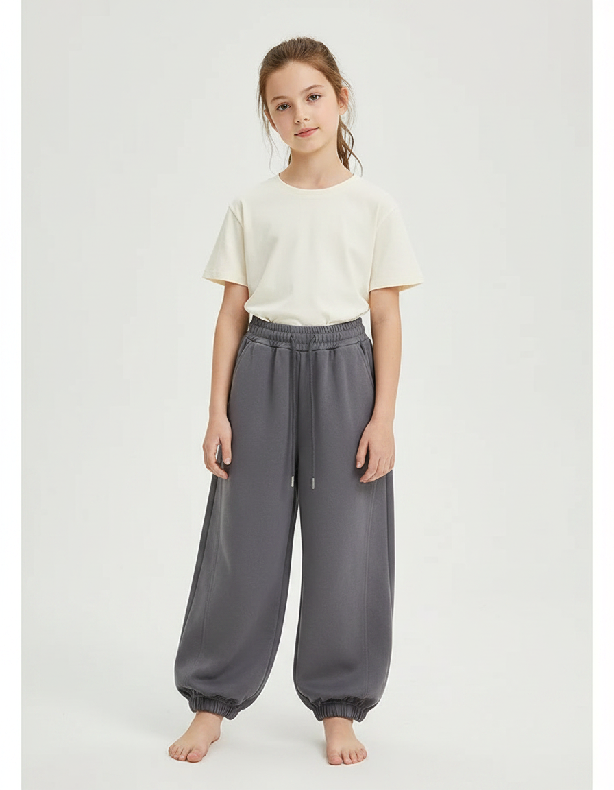 Pantalon Gris Ample Décontracté Confortable Coton Fille - Molleton