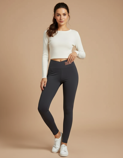 Pantalon Gris Moulant Confortable Taille Haute Femme - Polyester