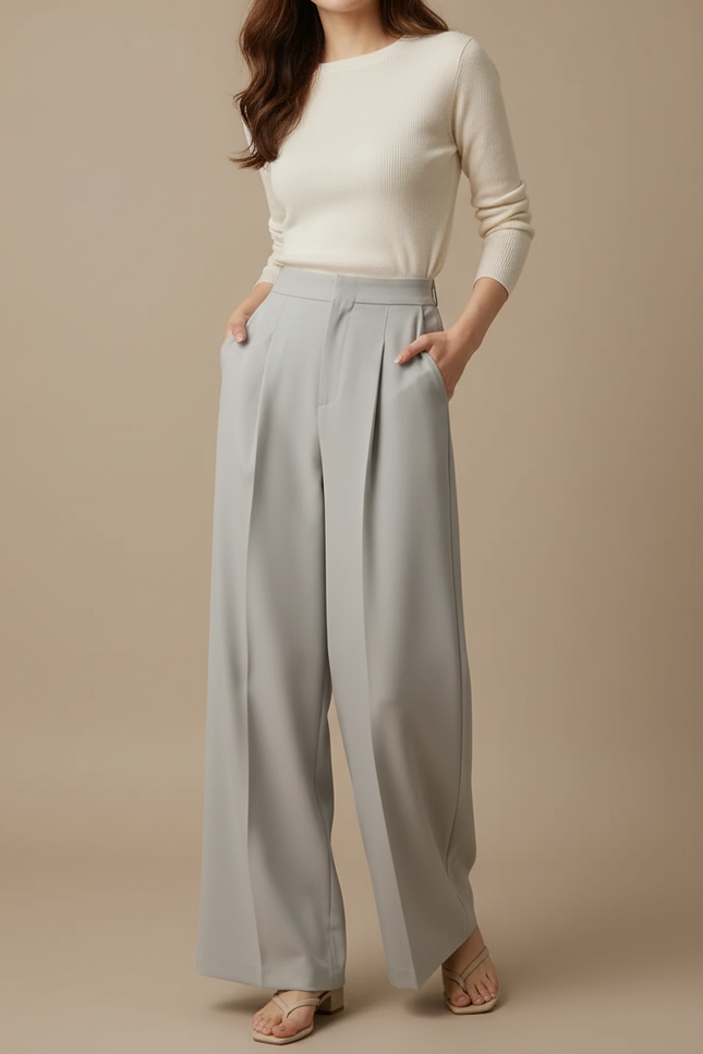 Pantalon Gris Plissé Taille Haute Ample Élégant Femme - Polyester