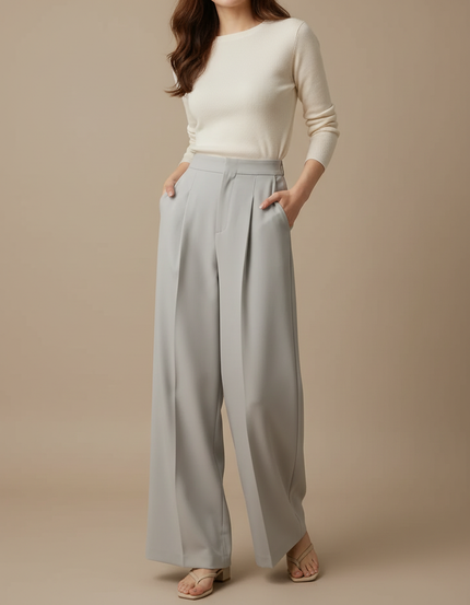Pantalon Gris Plissé Taille Haute Ample Élégant Femme - Polyester