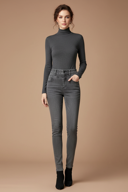 Pantalon Gris Jean Skinny Taille Haute Femme