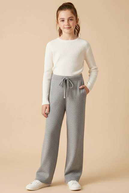 Pantalon Gris Tricoté Ample Cordon Fille - Maille