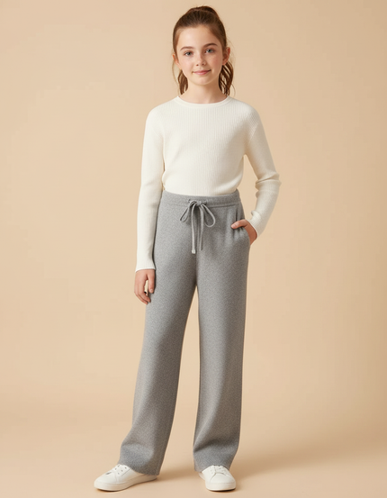 Pantalon Gris Tricoté Ample Cordon Fille - Maille