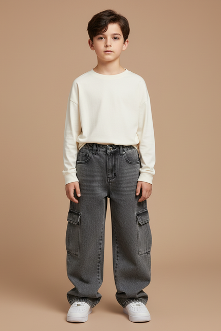 Pantalon Gris Denim Cargo Ample Garçon - Jean
