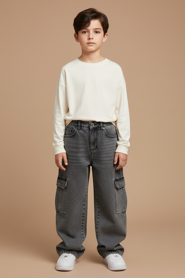 Pantalon Gris Denim Cargo Ample Garçon - Jean