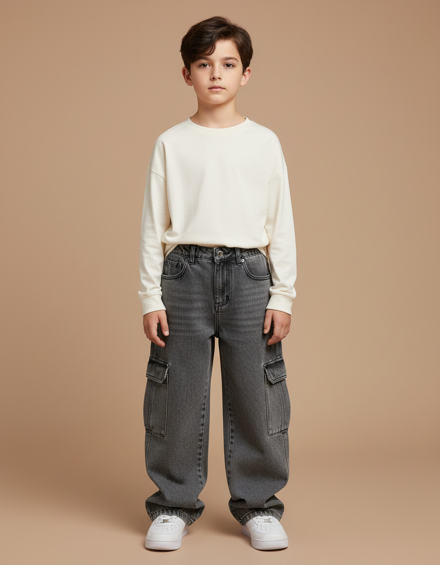 Pantalon Gris Denim Cargo Ample Garçon - Jean