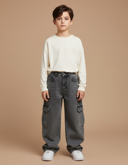 Pantalon Gris Denim Cargo Ample Garçon - Jean