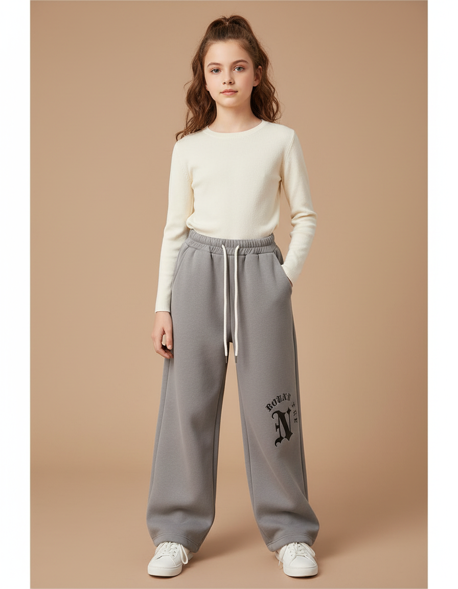 Pantalon Gris Large Décontracté Imprimé Enfant Fille - Molleton