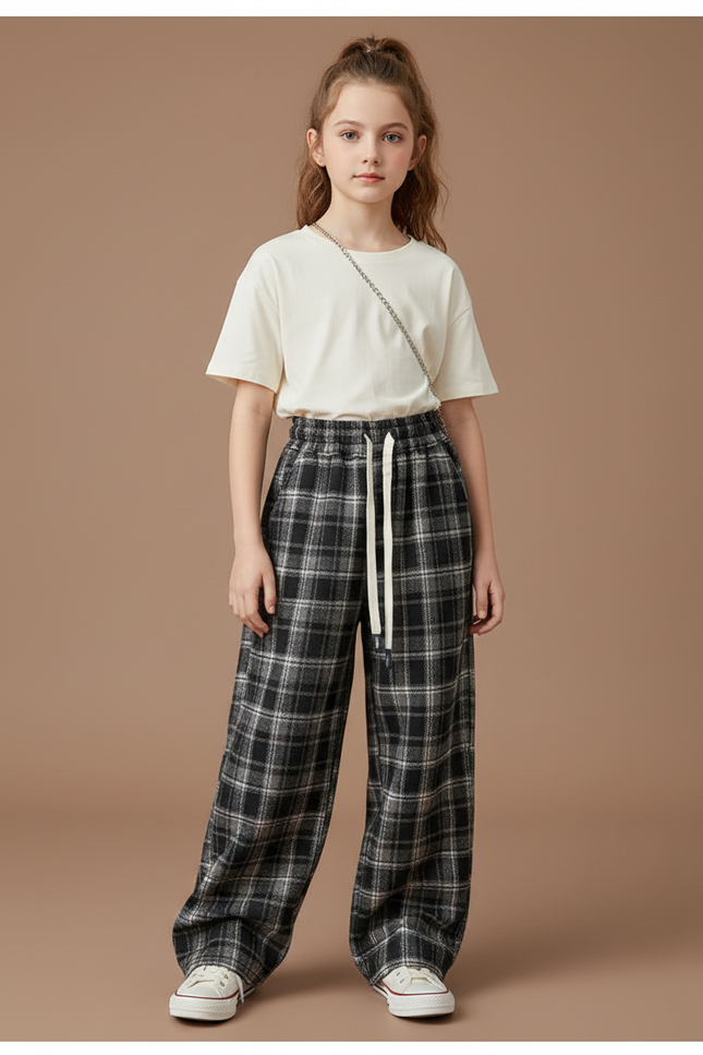 Pantalon Gris Ample Plaid Cordon Décontracté - Laine