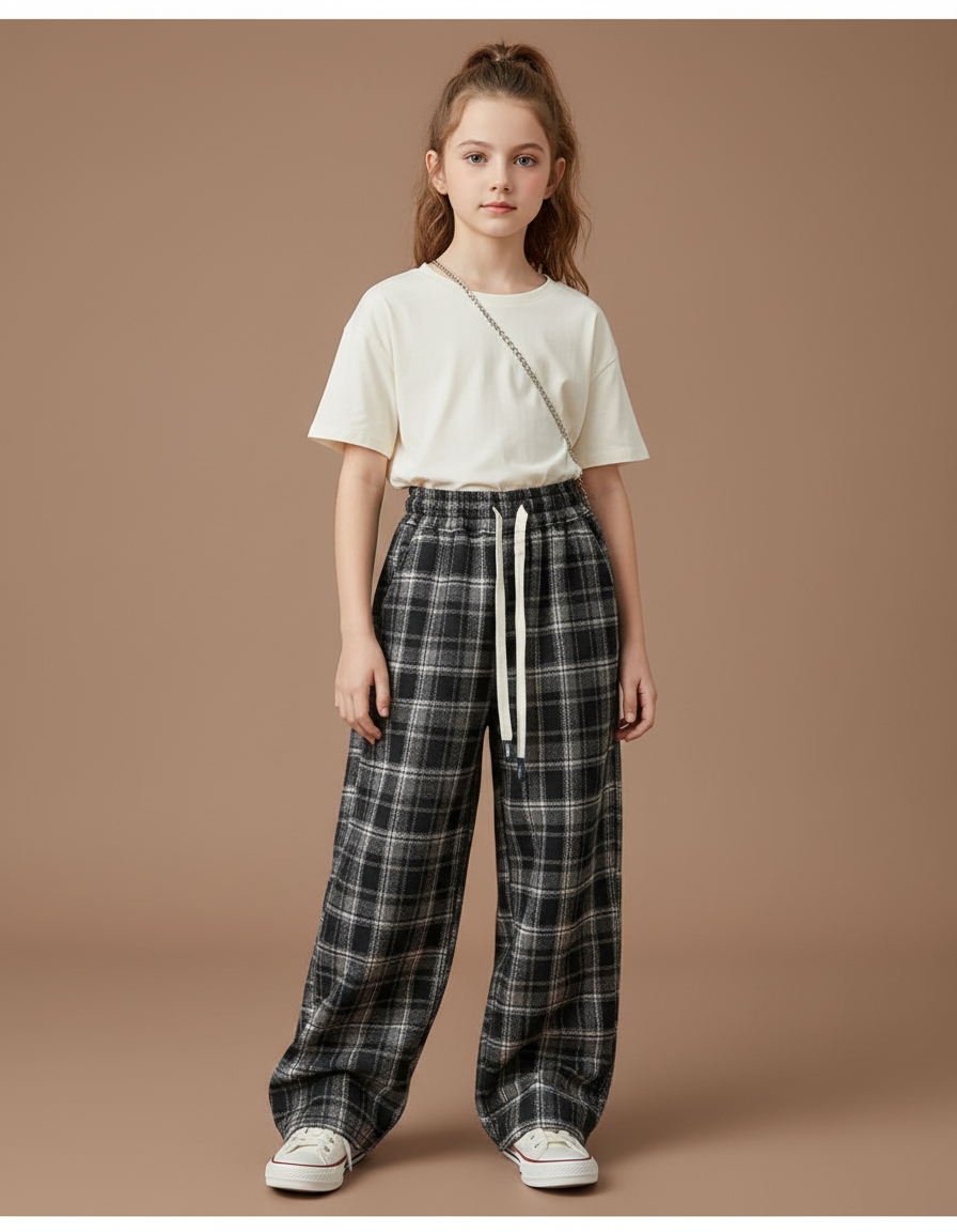 Pantalon Gris Ample Plaid Cordon Décontracté - Laine