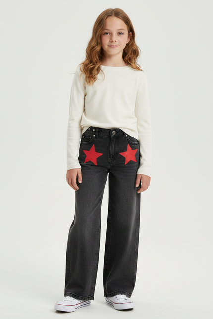 Pantalon Gris Jean Large Étoiles Droite Denim