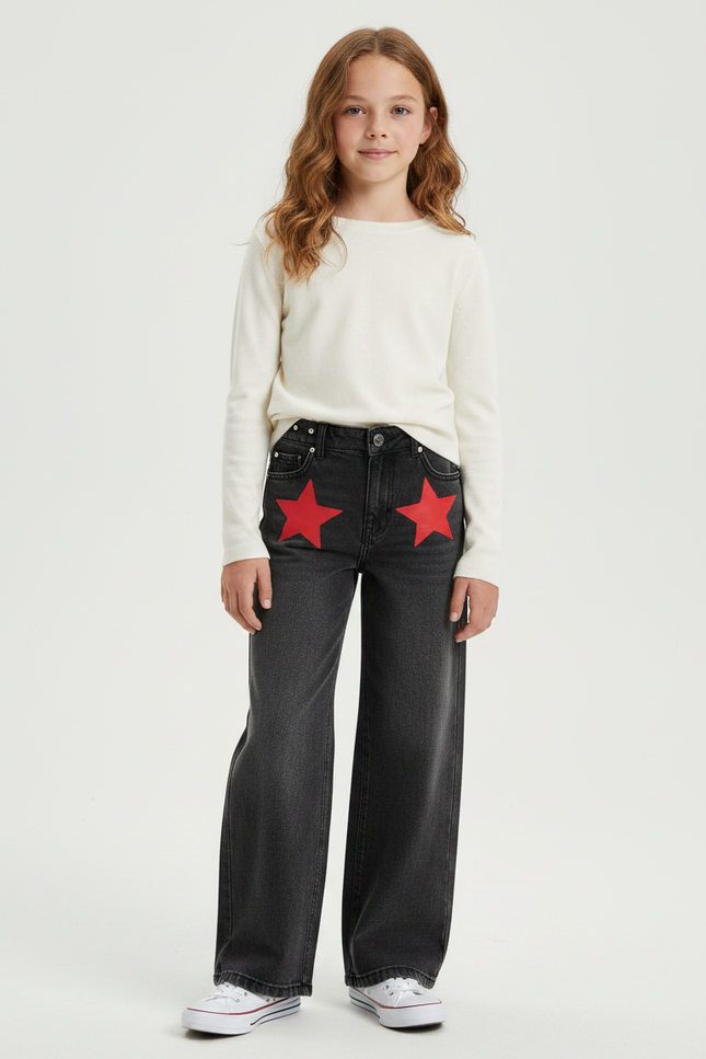 Pantalon Gris Jean Large Étoiles Droite Denim