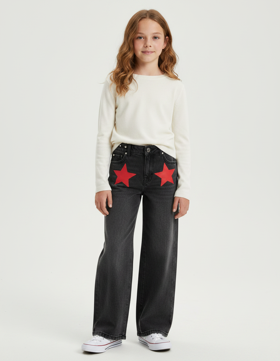 Pantalon Gris Jean Large Étoiles Droite Denim