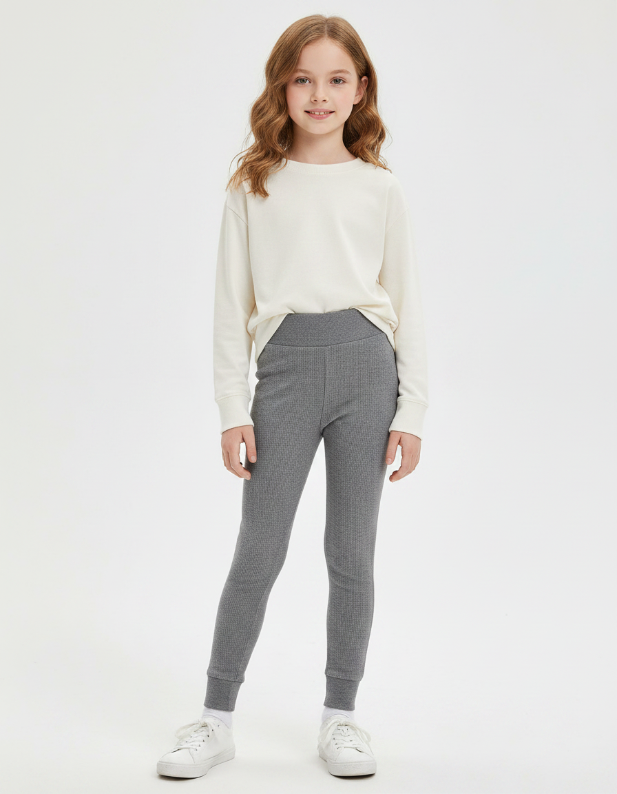 Pantalon Gris Côtelé Fille Extensible Doux Confortable - Maille