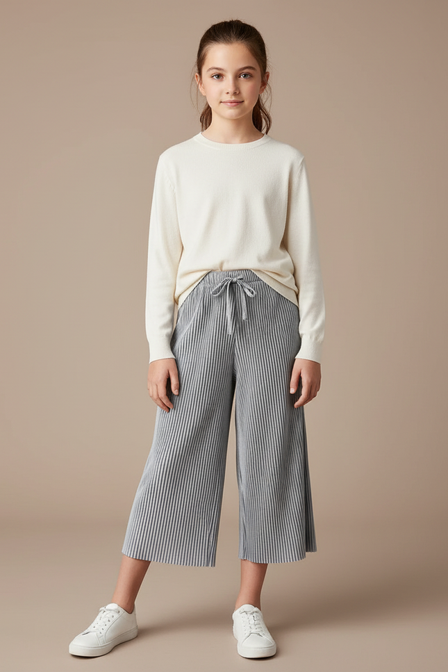 Pantalon Gris Plissé Fluide Cordon Fille - Polyester