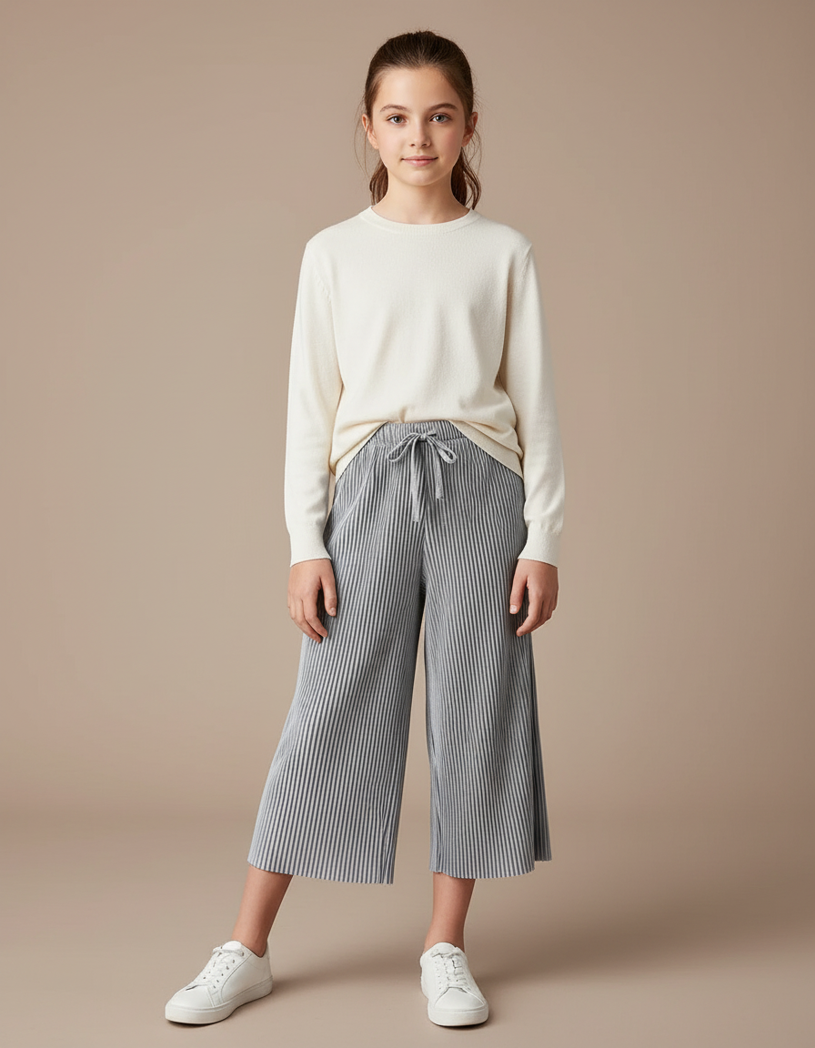 Pantalon Gris Plissé Fluide Cordon Fille - Polyester