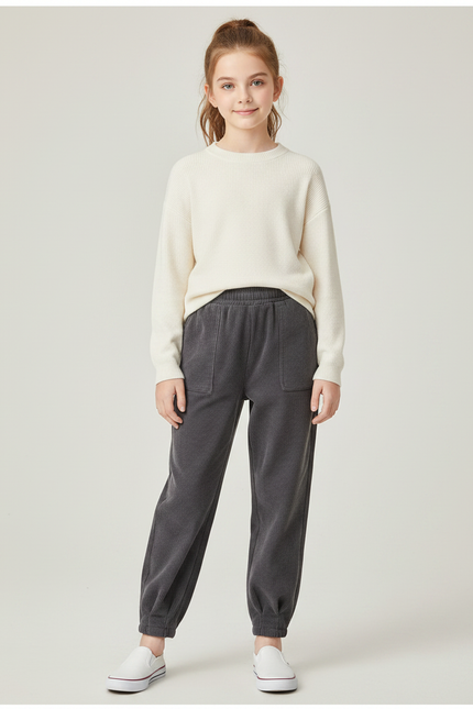 Pantalon Gris Côtelé Confortable Ample Fille - Cordé