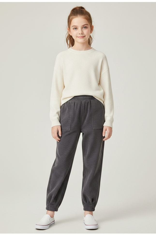 Pantalon Gris Côtelé Confortable Ample Fille - Cordé