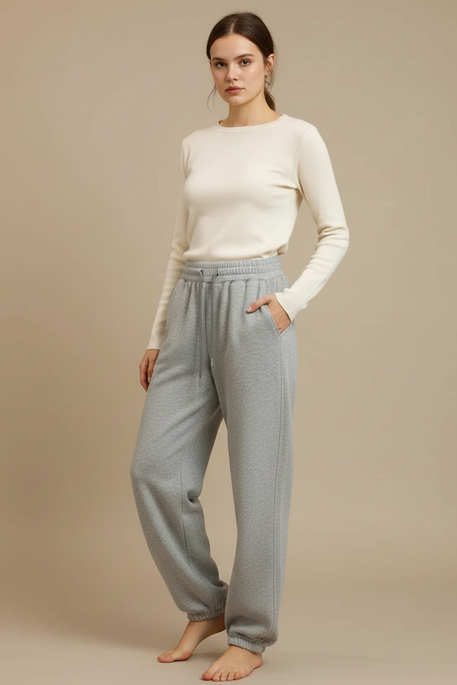 Pantalon Gris Jogging Confortable Décontracté Cordon Femme - Molleton