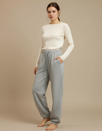 Pantalon Gris Jogging Confortable Décontracté Cordon Femme - Molleton