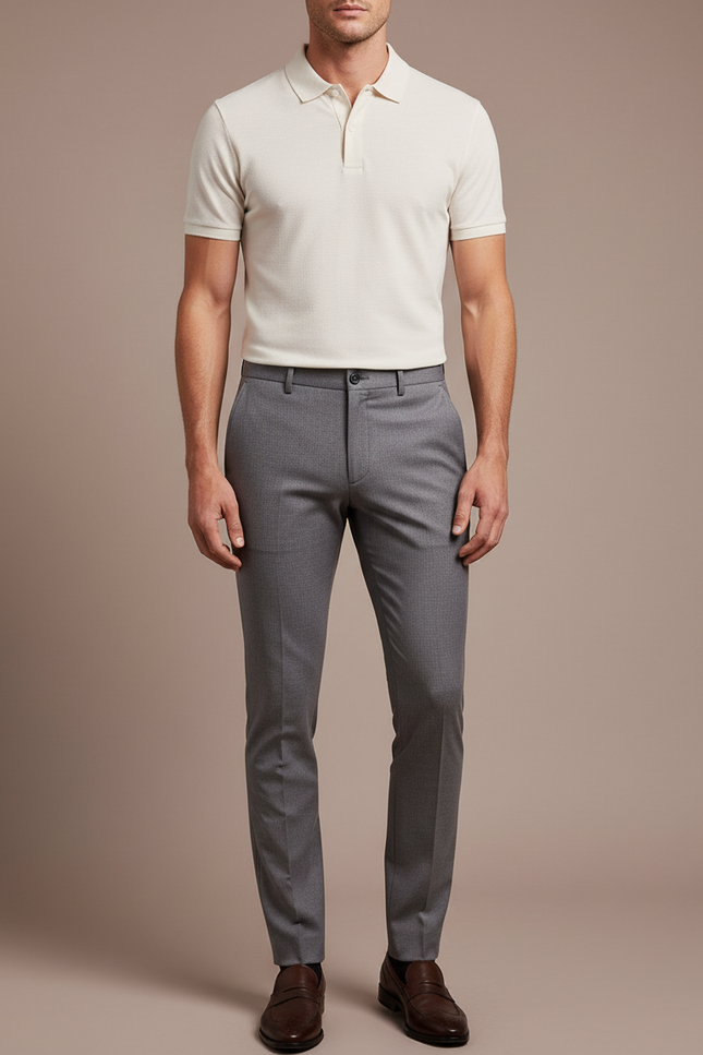 Pantalon Gris Slim Habillé Motif Discret - Laine