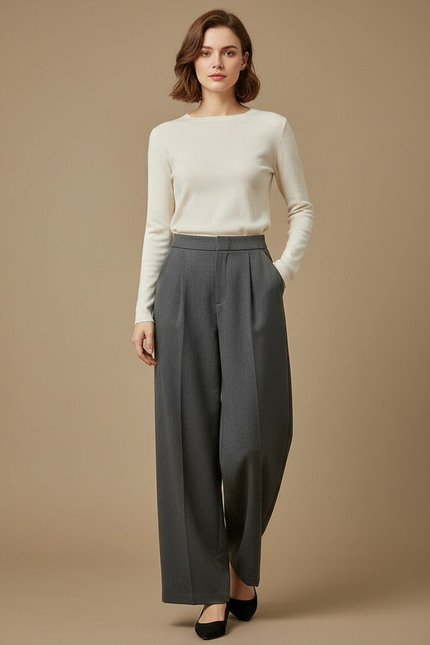 Pantalon Gris Ample Plissé Fluide Élégant Femme - Gabardine