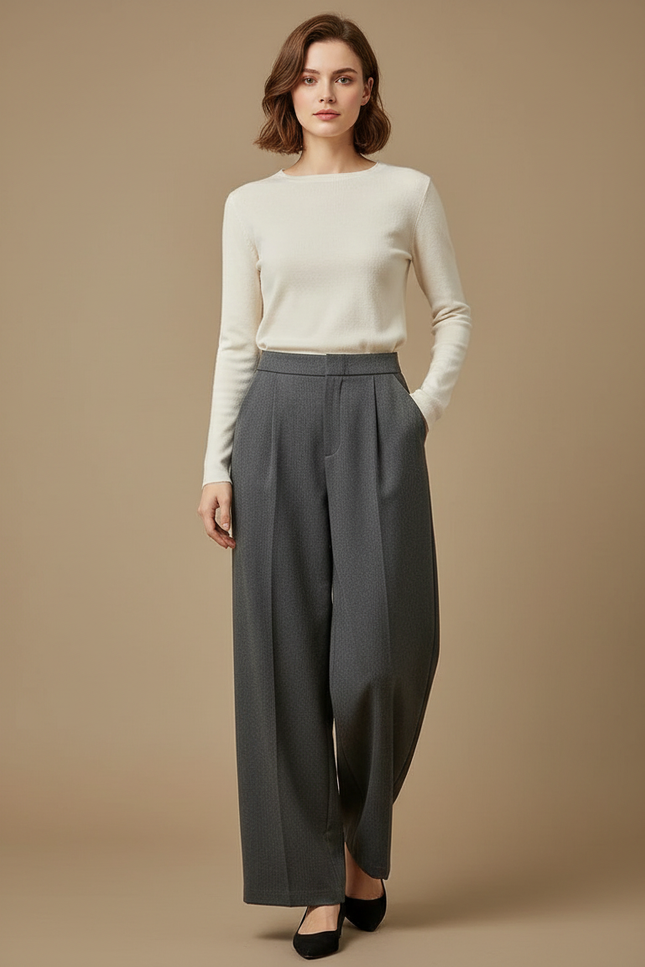 Pantalon Gris Ample Plissé Fluide Élégant Femme - Gabardine