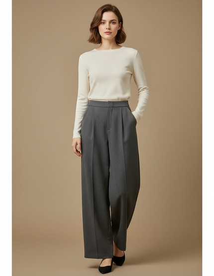 Pantalon Gris Ample Plissé Fluide Élégant Femme - Gabardine