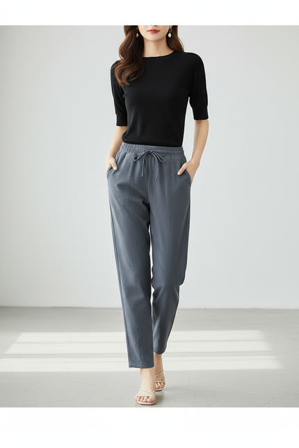 Pantalon Gris Coton Lin Décontracté Harem Femme