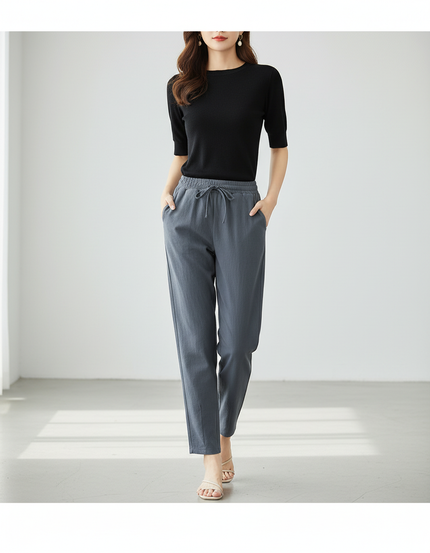 Pantalon Gris Coton Lin Décontracté Harem Femme