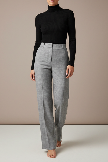 Pantalon Gris Taille Haute Droit Élégant Femme - Laine