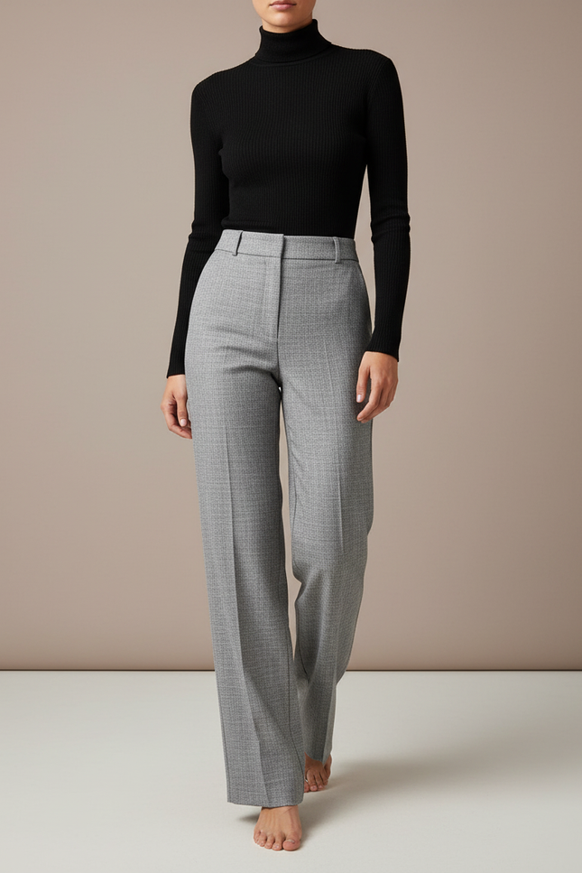 Pantalon Gris Taille Haute Droit Élégant Femme - Laine